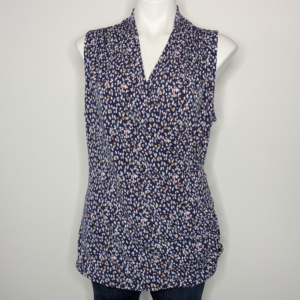 ✨3/$15 41 Hawthorn Blue White Speckled V Neck Faux Wrap Sleeveless Top L